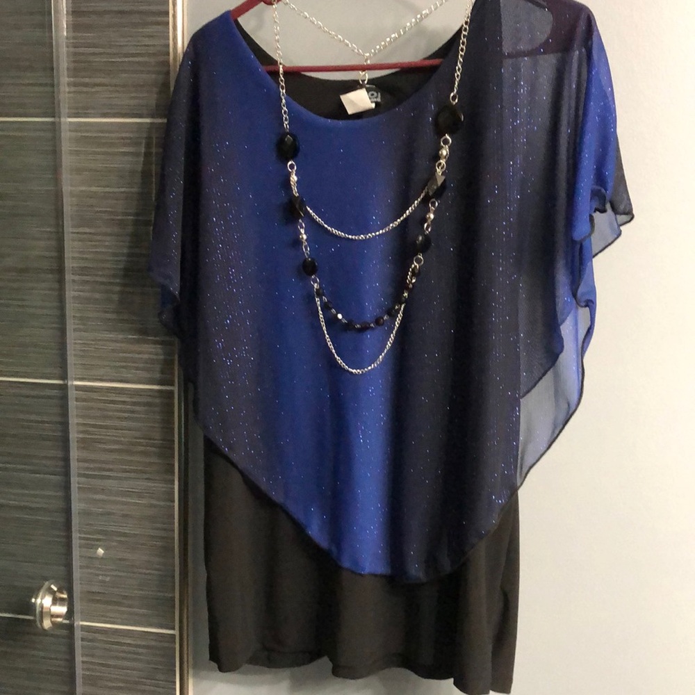 Black sparkly top w/royal blue & attached necklace